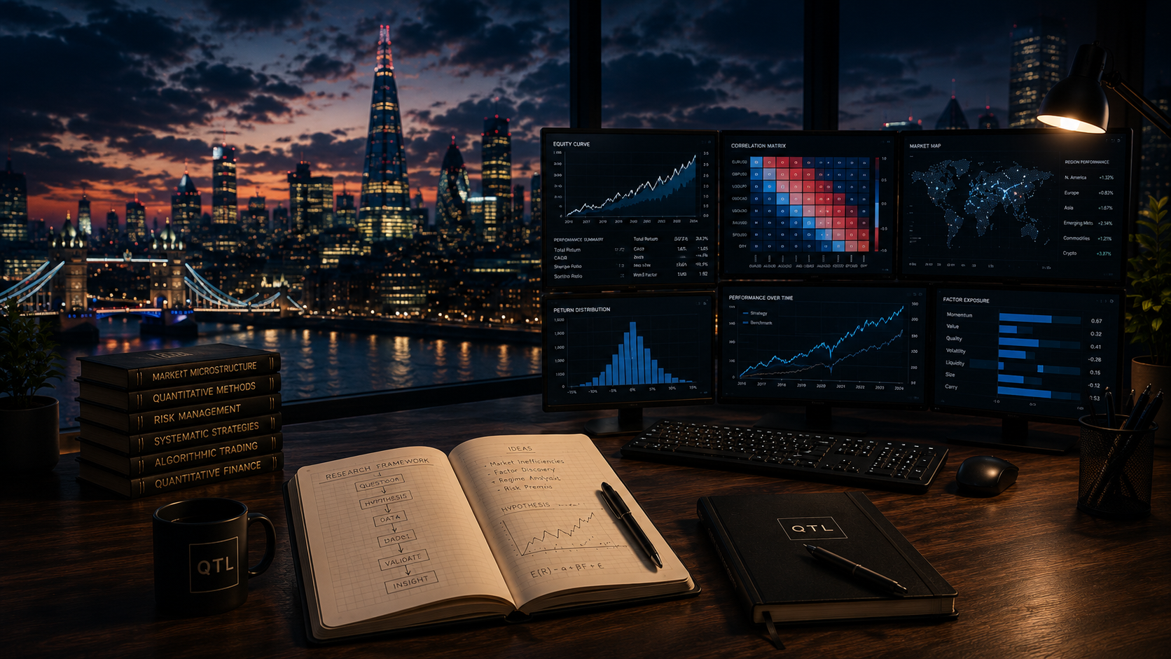 Quant Trading Labs research workspace overlooking London with quantitative dashboards, research notebooks and systematic trading tools
